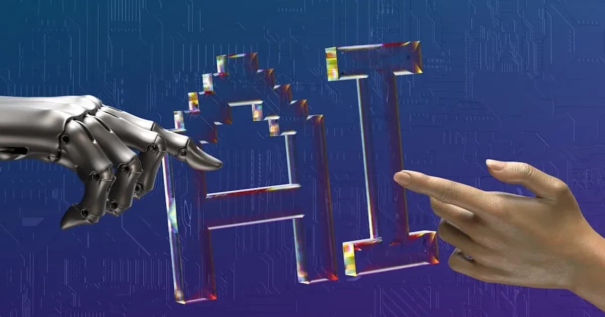 robot and human hands reaching toward ai text