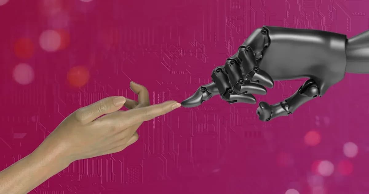 two hands touching each other in front of a pink background