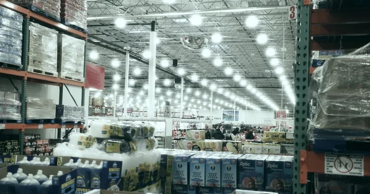 A wide aisle in a brightly lit warehouse store.