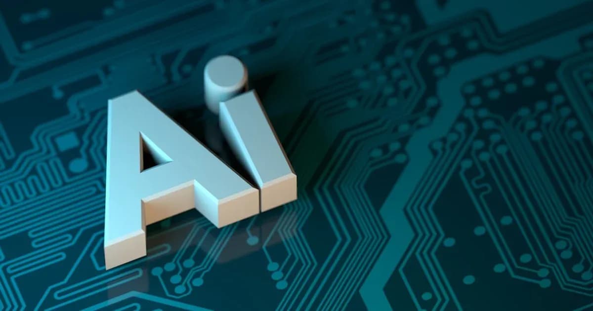 The letters AI in white 3D block font on a dark teal circuit board
