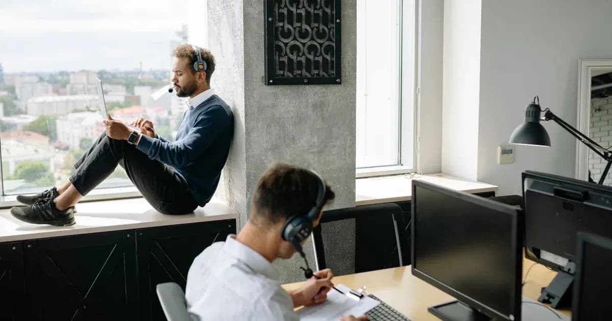 Two call center agents working in a modern office, one seated at a computer and another using a tablet by the window.