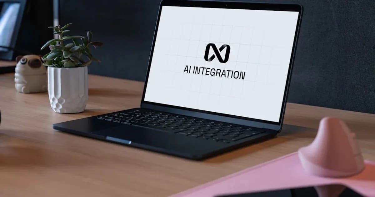 Laptop displaying ai integration logo on desk