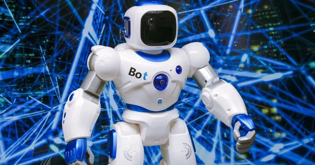 Advanced humanoid robot with glowing blue accents in a digital network setting.