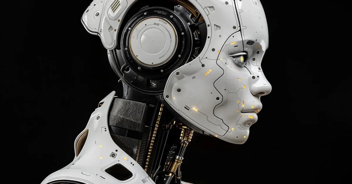 A white robot is standing in front of a black background