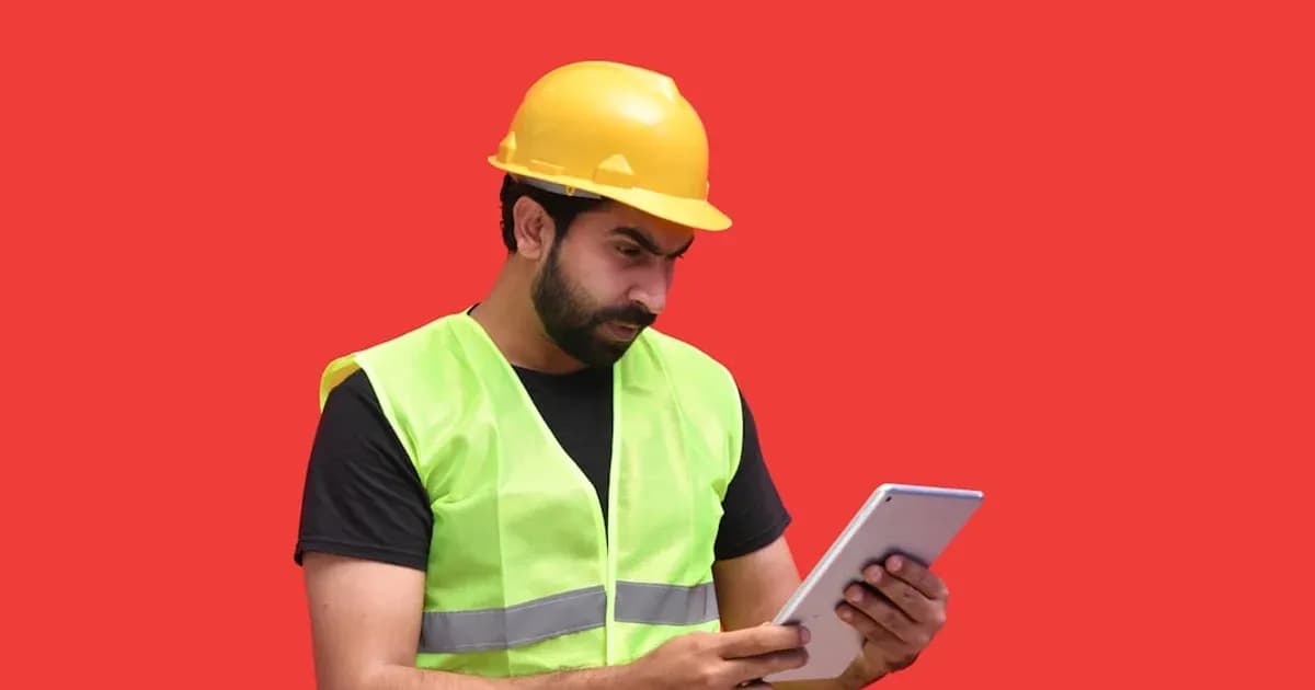 a man in a yellow hard hat holding a tablet