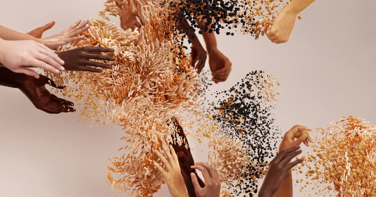 a group of hands reaching up into a pile of food