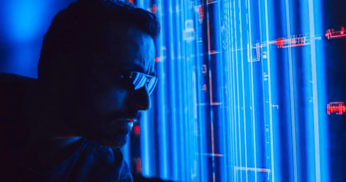 A man in sunglasses intently studies a vibrant blue holographic screen, symbolizing digital technology.