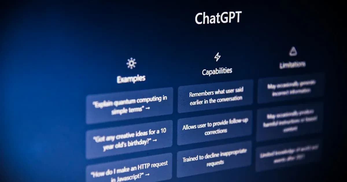 The ChatGPT interface showing examples, capabilities, and limitations on a dark blue screen