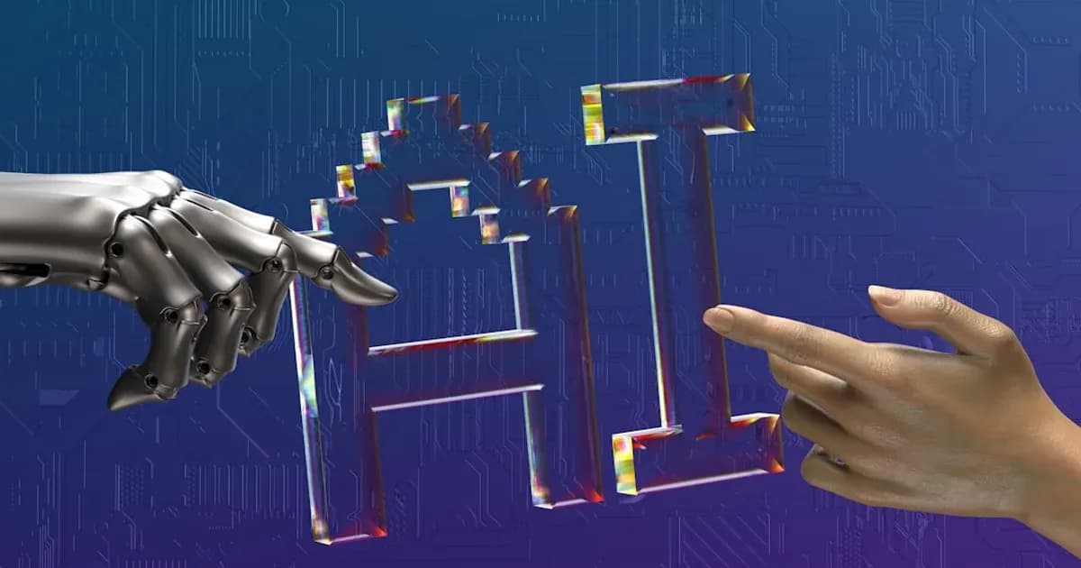 robot and human hands reaching toward ai text