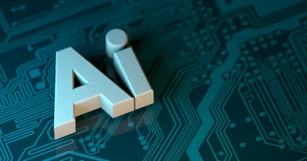The letters AI in white 3D block font on a dark teal circuit board